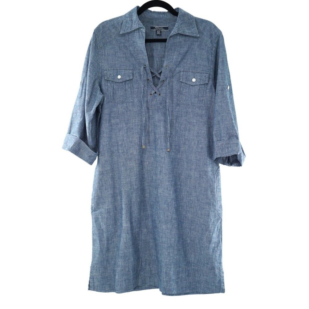 Tommy Bahama Blue Denim Chambray Front Tie Roll Tab Sleeve Shirt Dress
